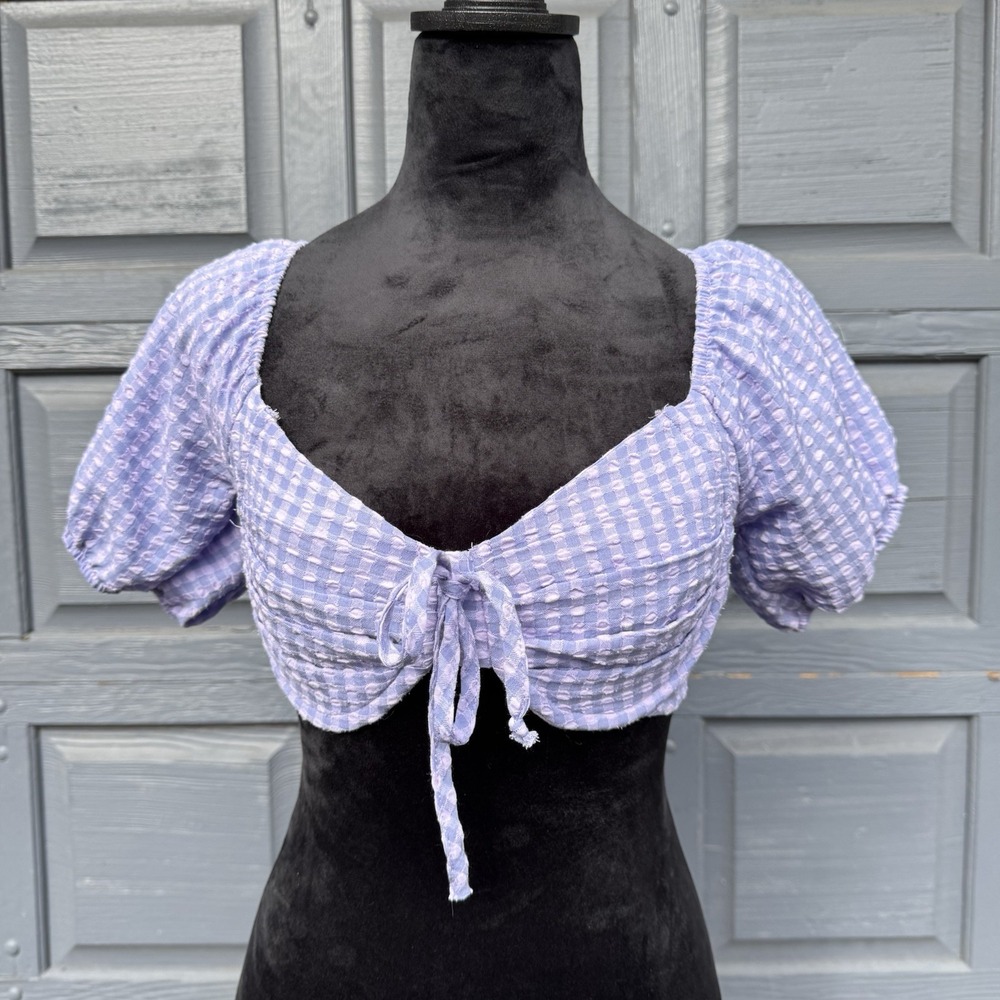 Women's XS Short Puffer Sleeve Cupped Cropped Top Lavender/ Pink Picnic Design!